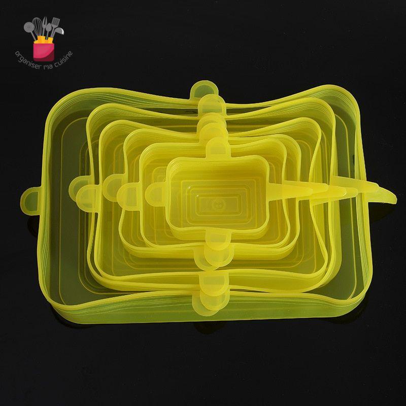 Couvercle-alimentaire-en-Silicone extensible-6Pcs-rectangulaire-jaune