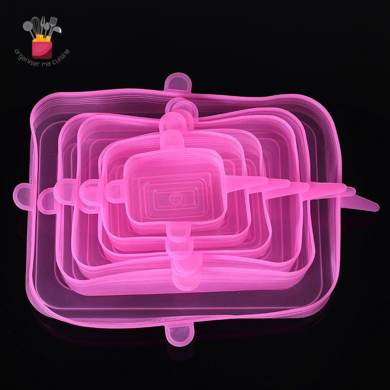 Couvercle-alimentaire-en-Silicone extensible-6Pcs-rectangulaire-rose